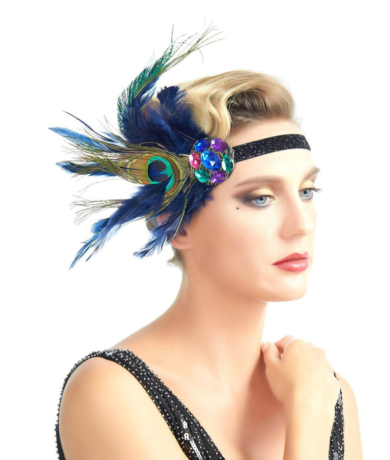 1920s Azul marino pluma de pavo real Vintage inspirado El gran Gatsby Rhinestone cristales diadema 1920 tocado Flapper tocado nupcial Art Déco - SACASUSA
