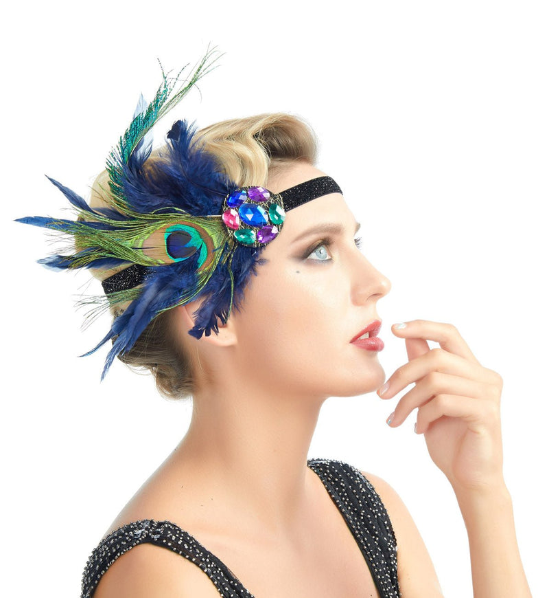 1920s Azul marino pluma de pavo real Vintage inspirado El gran Gatsby Rhinestone cristales diadema 1920 tocado Flapper tocado nupcial Art Déco - SACASUSA