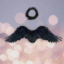 Alas de ángel de plumas para disfraz de Halloween, color negro, tamaño pequeño, mediano, 24 x 16 pulgadas, para niños grandes con halo - SACASUSA