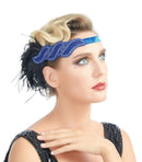Azul Vintage Inspirado El Gran Gatsby Lentejuelas con cuentas Diadema 1920s Tocado Flapper Negro Pluma Nupcial Tocado de Boda Art Déco - SACASUSA