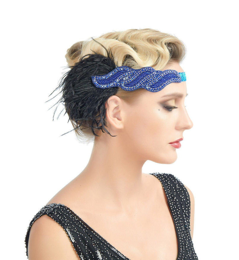 Azul Vintage Inspirado El Gran Gatsby Lentejuelas con cuentas Diadema 1920s Tocado Flapper Negro Pluma Nupcial Tocado de Boda Art Déco - SACASUSA