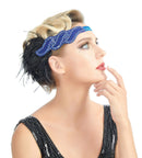 Azul Vintage Inspirado El Gran Gatsby Lentejuelas con cuentas Diadema 1920s Tocado Flapper Negro Pluma Nupcial Tocado de Boda Art Déco - SACASUSA