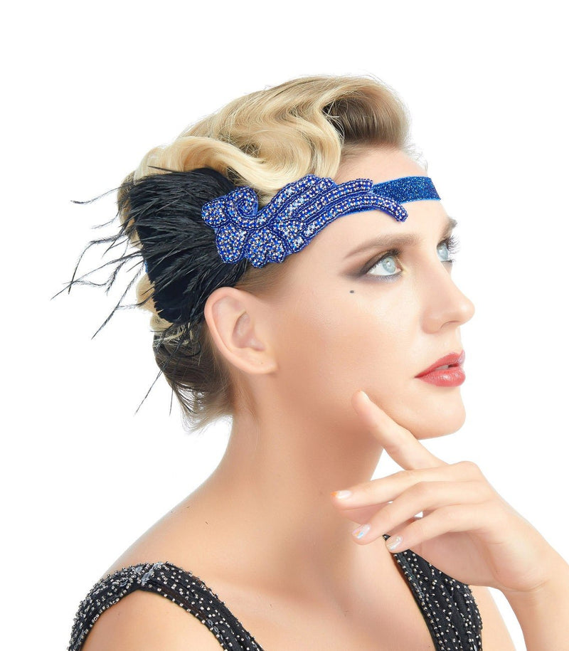 Azul Vintage inspirado El gran Gatsby Rhinestone con cuentas diadema 1920 tocado Flapper negro pluma nupcial tocado de boda Art Déco - SACASUSA