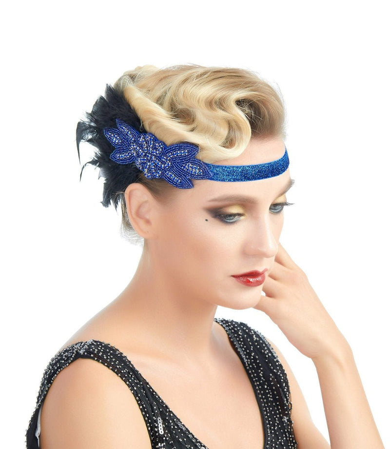 Azul Vintage inspirado El gran Gatsby Rhinestone con cuentas diadema 1920 tocado Flapper negro pluma nupcial tocado de boda Art Déco - SACASUSA
