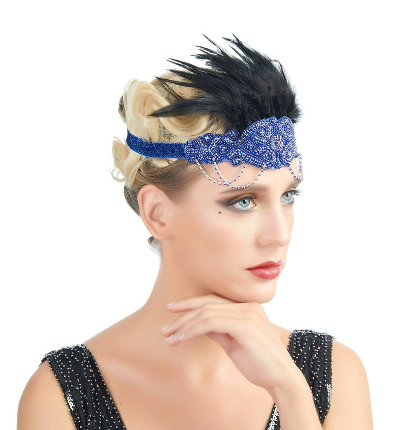 Azul Vintage inspirado El gran Gatsby Rhinestone con cuentas diadema 1920 tocado Flapper negro pluma nupcial tocado de boda Art Déco - SACASUSA