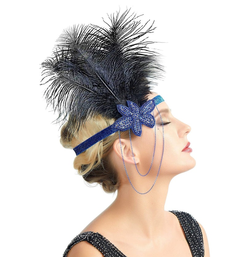 Azul Vintage inspirado El gran Gatsby Rhinestone con cuentas diadema 1920 tocado Flapper negro pluma nupcial tocado de boda Art Déco - SACASUSA