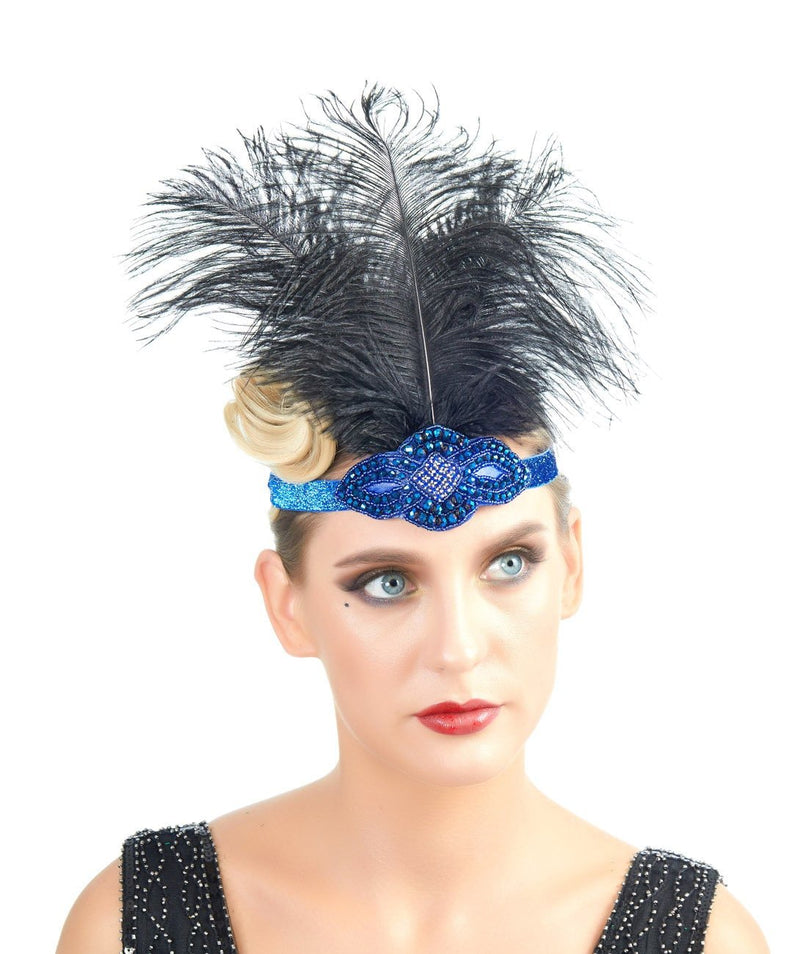 Azul Vintage inspirado El gran Gatsby Rhinestone con cuentas diadema 1920 tocado Flapper negro pluma nupcial tocado de boda Art Déco - SACASUSA