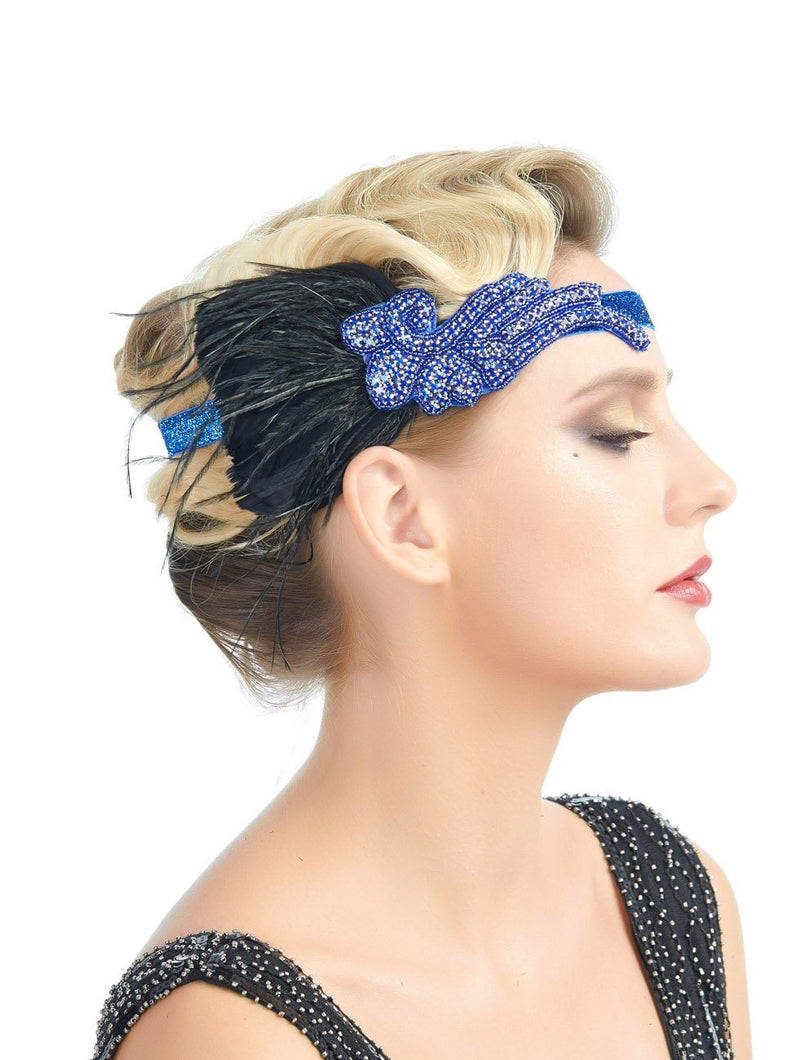 Azul Vintage inspirado El gran Gatsby Rhinestone con cuentas diadema 1920 tocado Flapper negro pluma nupcial tocado de boda Art Déco - SACASUSA