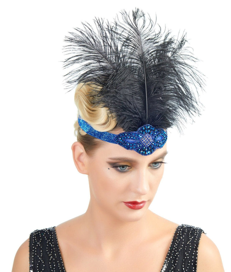 Azul Vintage inspirado El gran Gatsby Rhinestone con cuentas diadema 1920 tocado Flapper negro pluma nupcial tocado de boda Art Déco - SACASUSA