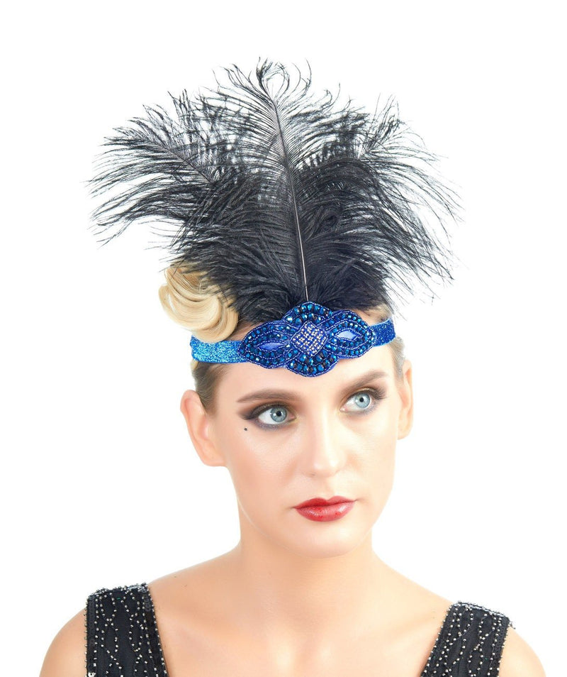 Azul Vintage inspirado El gran Gatsby Rhinestone con cuentas diadema 1920 tocado Flapper negro pluma nupcial tocado de boda Art Déco - SACASUSA