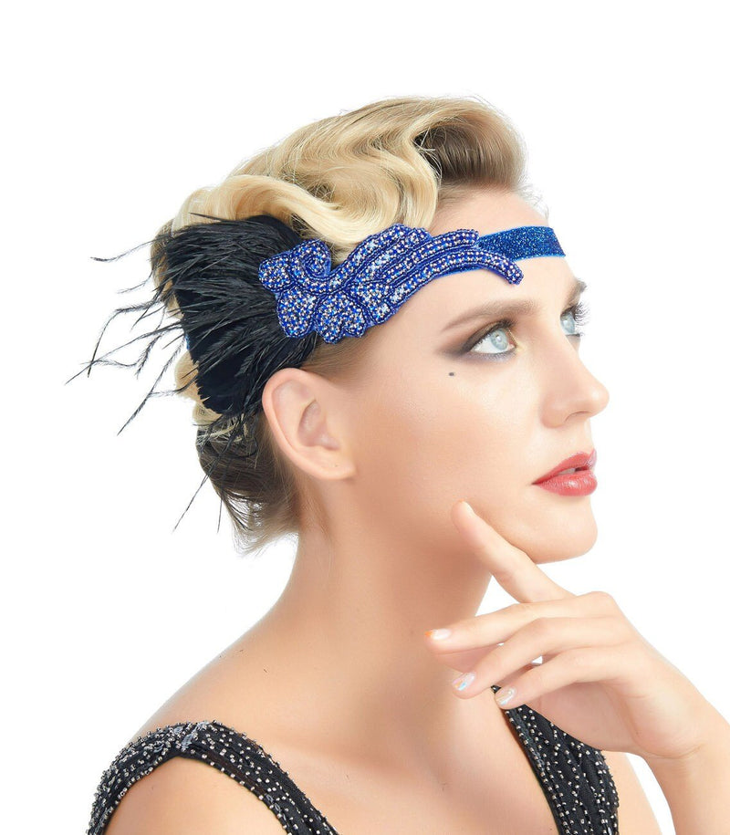 Azul Vintage inspirado El gran Gatsby Rhinestone con cuentas diadema 1920 tocado Flapper negro pluma nupcial tocado de boda Art Déco - SACASUSA