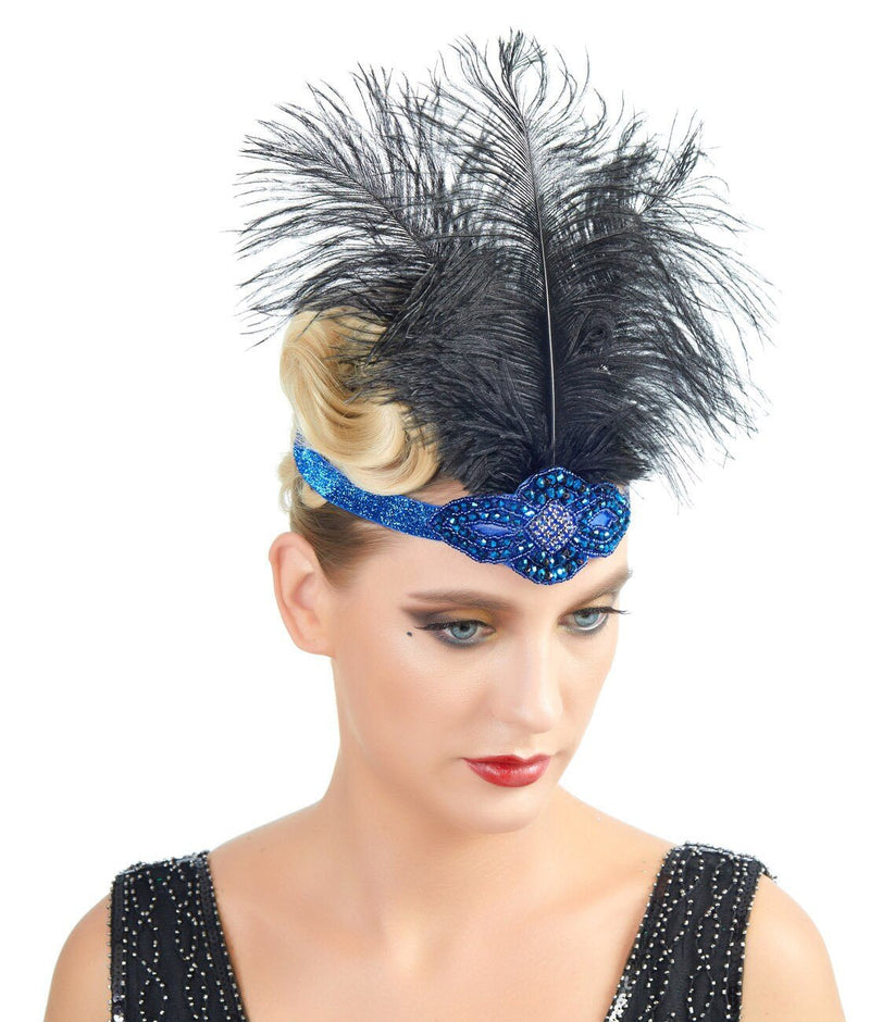 Azul Vintage inspirado El gran Gatsby Rhinestone con cuentas diadema 1920 tocado Flapper negro pluma nupcial tocado de boda Art Déco - SACASUSA