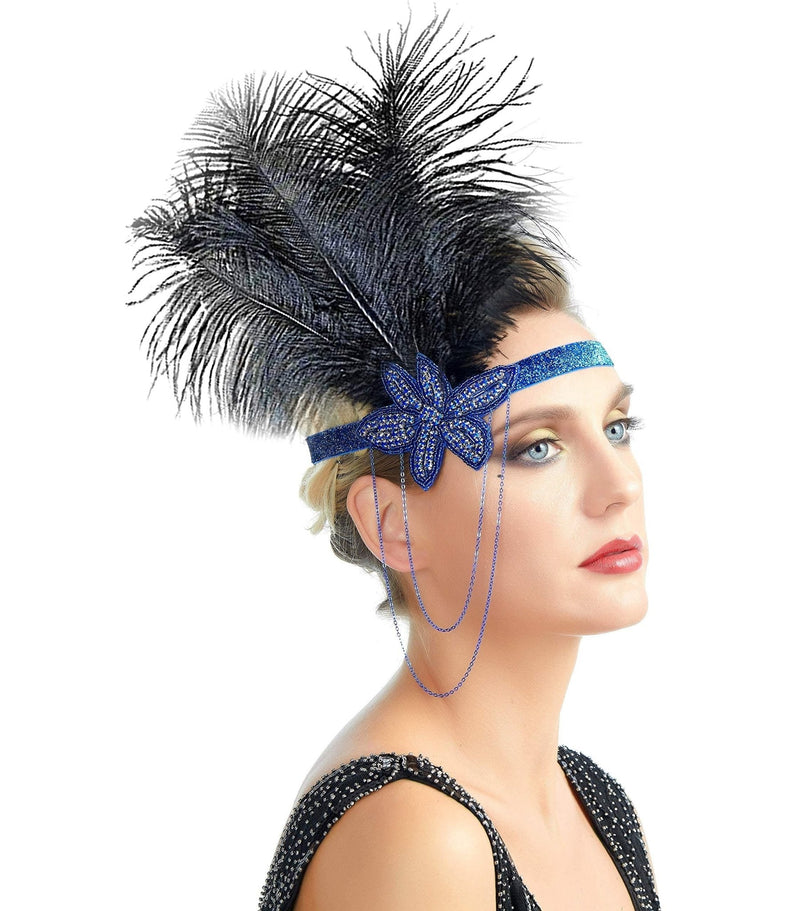 Azul Vintage inspirado El gran Gatsby Rhinestone con cuentas diadema 1920 tocado Flapper negro pluma nupcial tocado de boda Art Déco - SACASUSA