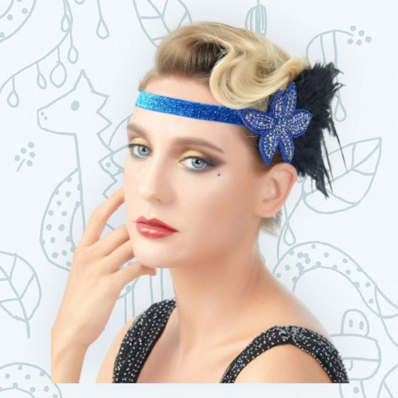Azul Vintage inspirado El gran Gatsby Rhinestone con cuentas diadema 1920 tocado Flapper negro pluma nupcial tocado de boda Art Déco - SACASUSA