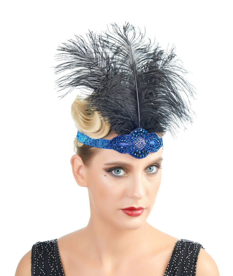 Azul Vintage inspirado El gran Gatsby Rhinestone con cuentas diadema 1920 tocado Flapper negro pluma nupcial tocado de boda Art Déco - SACASUSA