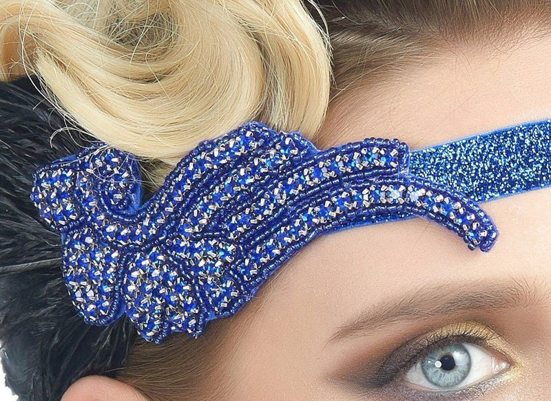 Azul Vintage inspirado El gran Gatsby Rhinestone con cuentas diadema 1920 tocado Flapper negro pluma nupcial tocado de boda Art Déco - SACASUSA