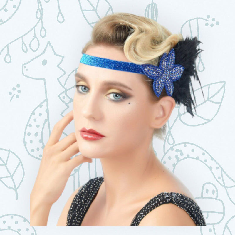 Azul Vintage inspirado El gran Gatsby Rhinestone con cuentas diadema 1920 tocado Flapper negro pluma nupcial tocado de boda Art Déco - SACASUSA