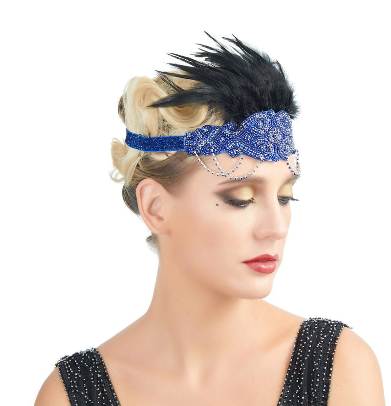 Azul Vintage inspirado El gran Gatsby Rhinestone con cuentas diadema 1920 tocado Flapper negro pluma nupcial tocado de boda Art Déco - SACASUSA