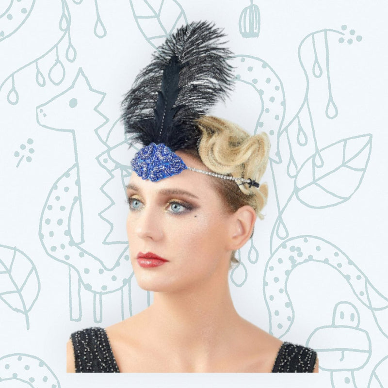 Azul Vintage Pluma El Gran Gatsby Rhinestone con cuentas Diadema 1920 tocado Flapper Pluma Negra Halloween Vestir Tocado Art Déco - SACASUSA