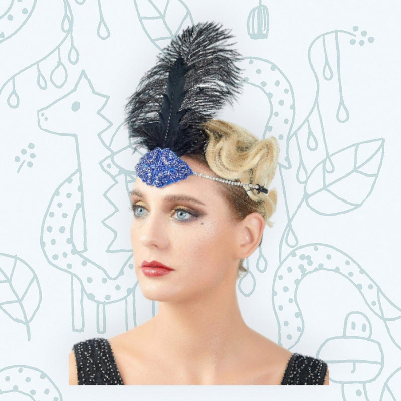 Azul Vintage Pluma El Gran Gatsby Rhinestone con cuentas Diadema 1920 tocado Flapper Pluma Negra Halloween Vestir Tocado Art Déco - SACASUSA
