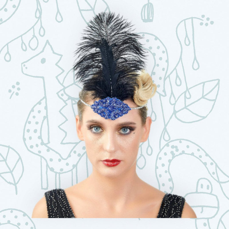 Azul Vintage Pluma El Gran Gatsby Rhinestone con cuentas Diadema 1920 tocado Flapper Pluma Negra Halloween Vestir Tocado Art Déco - SACASUSA