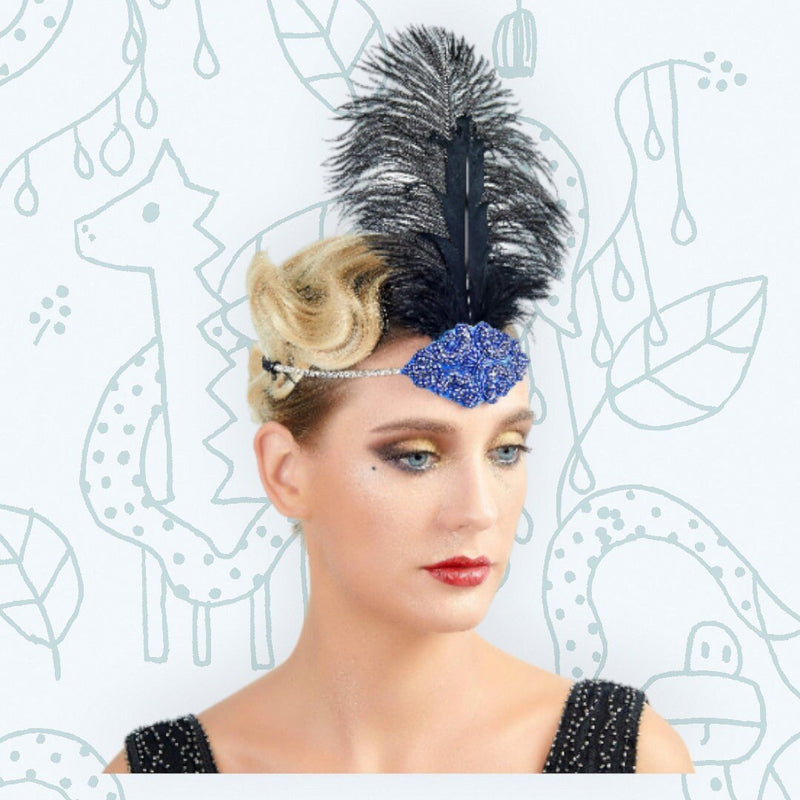 Azul Vintage Pluma El Gran Gatsby Rhinestone con cuentas Diadema 1920 tocado Flapper Pluma Negra Halloween Vestir Tocado Art Déco - SACASUSA