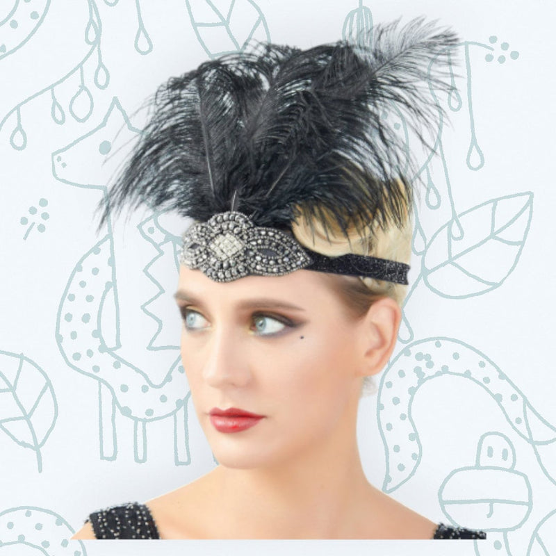 Black Pewter Vintage inspirado El gran Gatsby Rhinestone con cuentas diadema 1920 tocado Flapper negro pluma novia boda Art Déco - SACASUSA