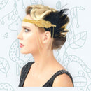 Cadena de oro Vintage inspirado El gran Gatsby diadema con cuentas tocado de la década de 1920 Flapper pluma negra tocado de boda nupcial Art Déco - SACASUSA