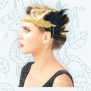 Cadena de oro Vintage inspirado El gran Gatsby diadema con cuentas tocado de la década de 1920 Flapper pluma negra tocado de boda nupcial Art Déco - SACASUSA