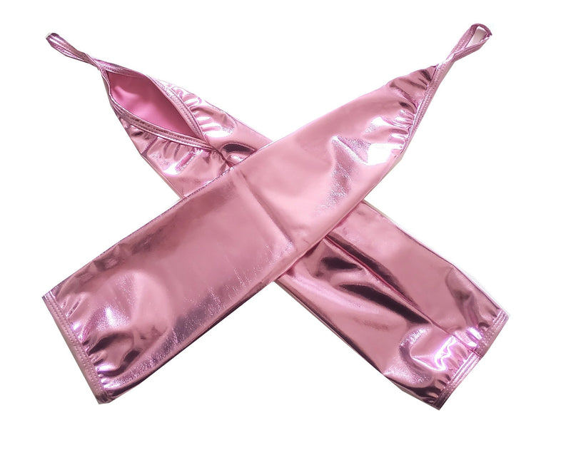 Candy Light Pink Fingerless Over Elbow Shiny Metallic Wet Look Stretchy Extra Long Gloves Halloween Costume Party Cosplay Work Length Women