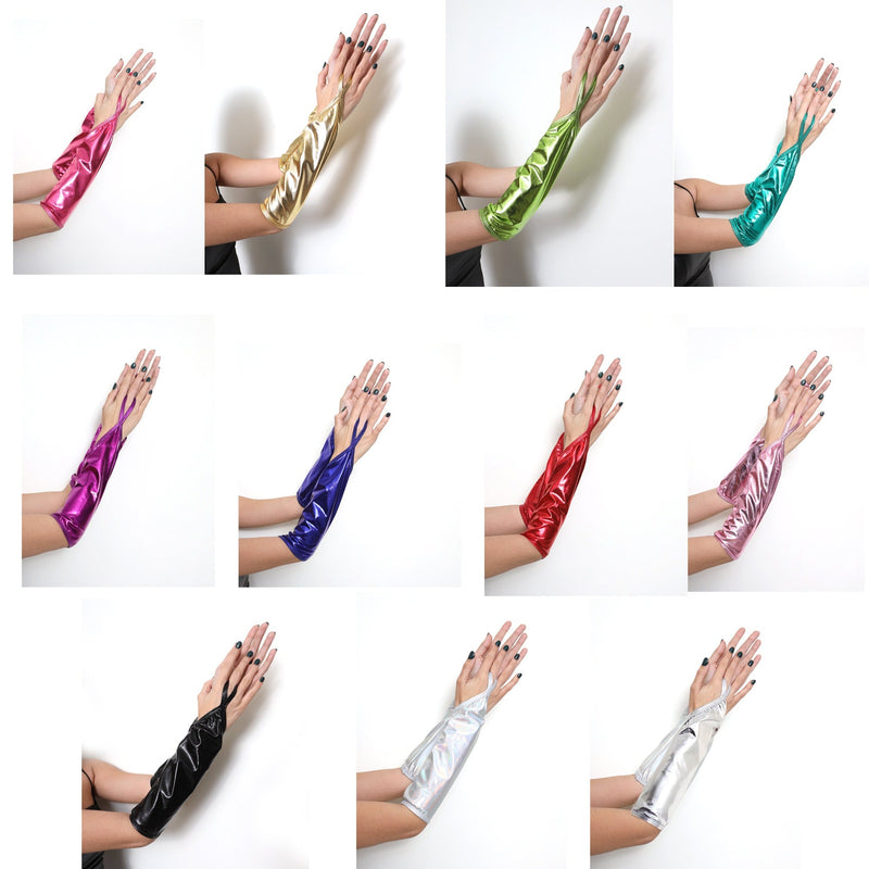 Candy Pink Fingerless Elbow Length 35cm Shiny Metallic WetLook Stretchy Gloves Halloween Costume Party Photo Prop Cosplay Women Girl Boy