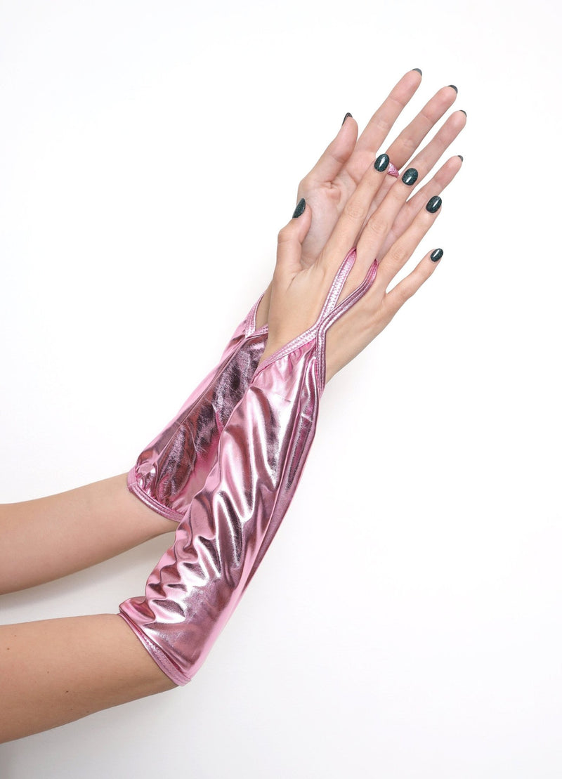 Candy Pink Fingerless Elbow Length 35cm Shiny Metallic WetLook Stretchy Gloves Halloween Costume Party Photo Prop Cosplay Women Girl Boy