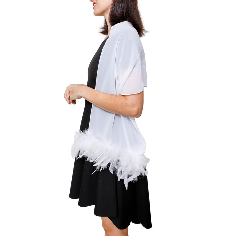 White Sheer Shawl with Real Feathers on Both Ends Formal Wrap Stole Shrug Cape Wedding Bridal Prom Party
