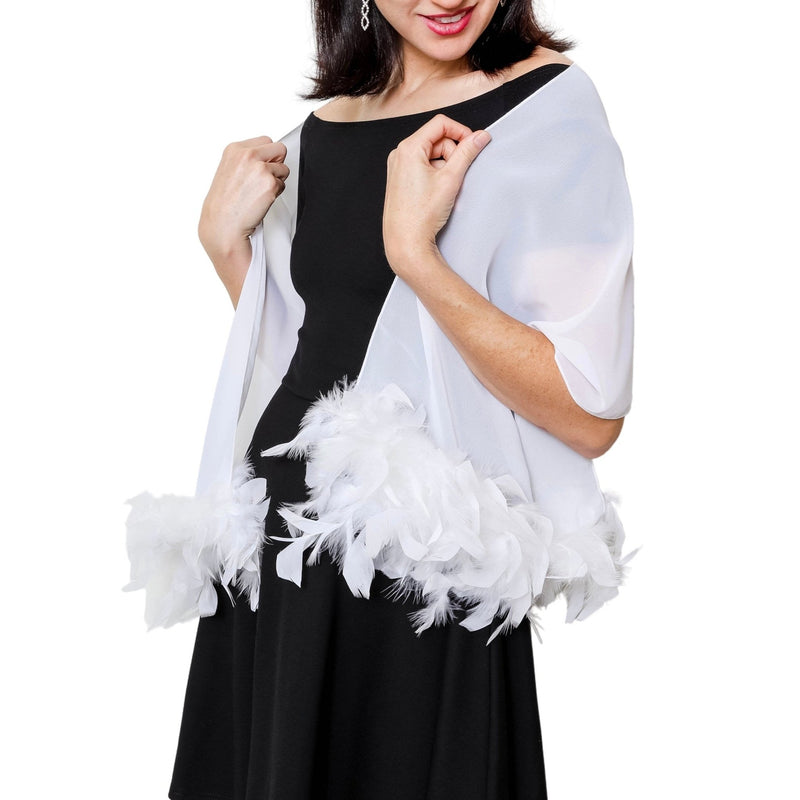White Sheer Shawl with Real Feathers on Both Ends Formal Wrap Stole Shrug Cape Wedding Bridal Prom Party