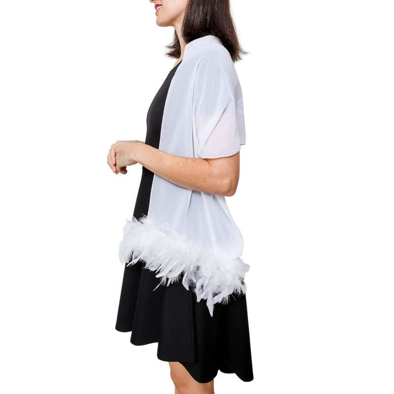 White Sheer Shawl with Real Feathers on Both Ends Formal Wrap Stole Shrug Cape Wedding Bridal Prom Party
