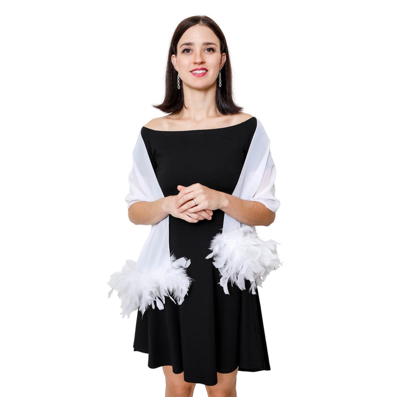 White Sheer Shawl with Real Feathers on Both Ends Formal Wrap Stole Shrug Cape Wedding Bridal Prom Party