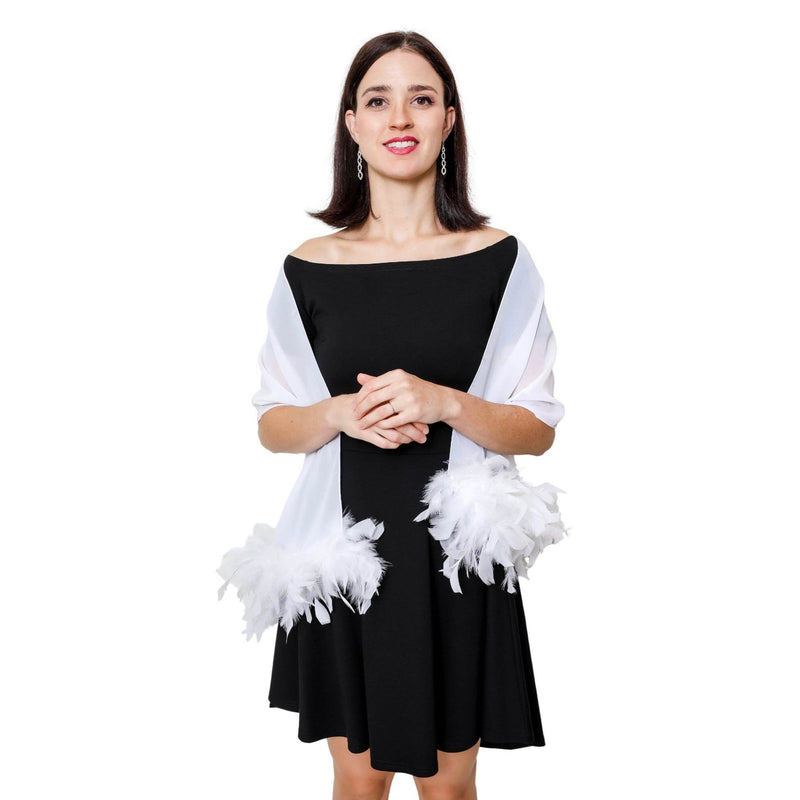 White Sheer Shawl with Real Feathers on Both Ends Formal Wrap Stole Shrug Cape Wedding Bridal Prom Party