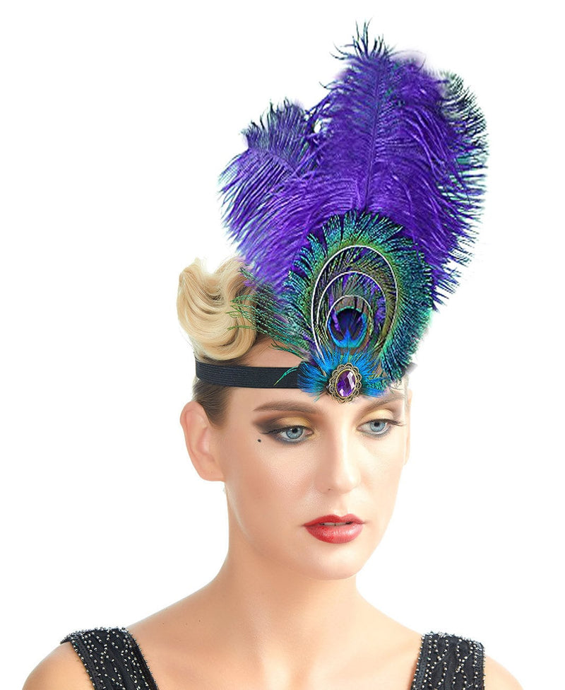 Purple Peacock Feather Rhinestone Crystal Headband 1920s Flapper Headpiece Black Halloween Costume The Great Gatsby Costume for Women