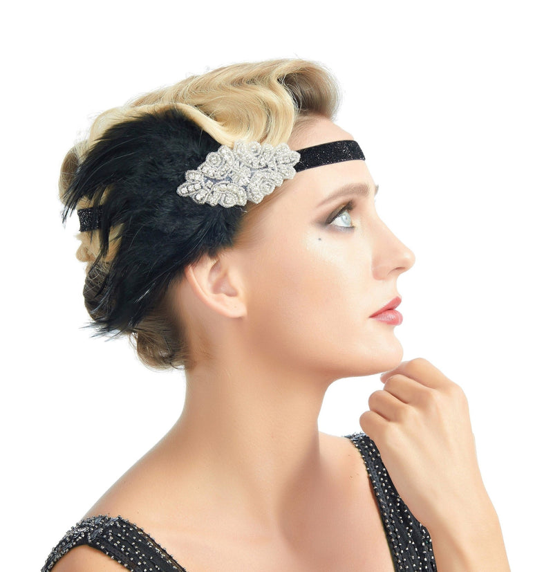 1920s Flapper Headband, Great Gatsby Headpiece, Black Feather Rhinestone Crystal Halloween Hair Accessories