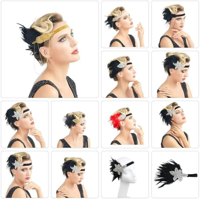 1920s Flapper Headband, Great Gatsby Headpiece, Black Feather Rhinestone Crystal Halloween Hair Accessories