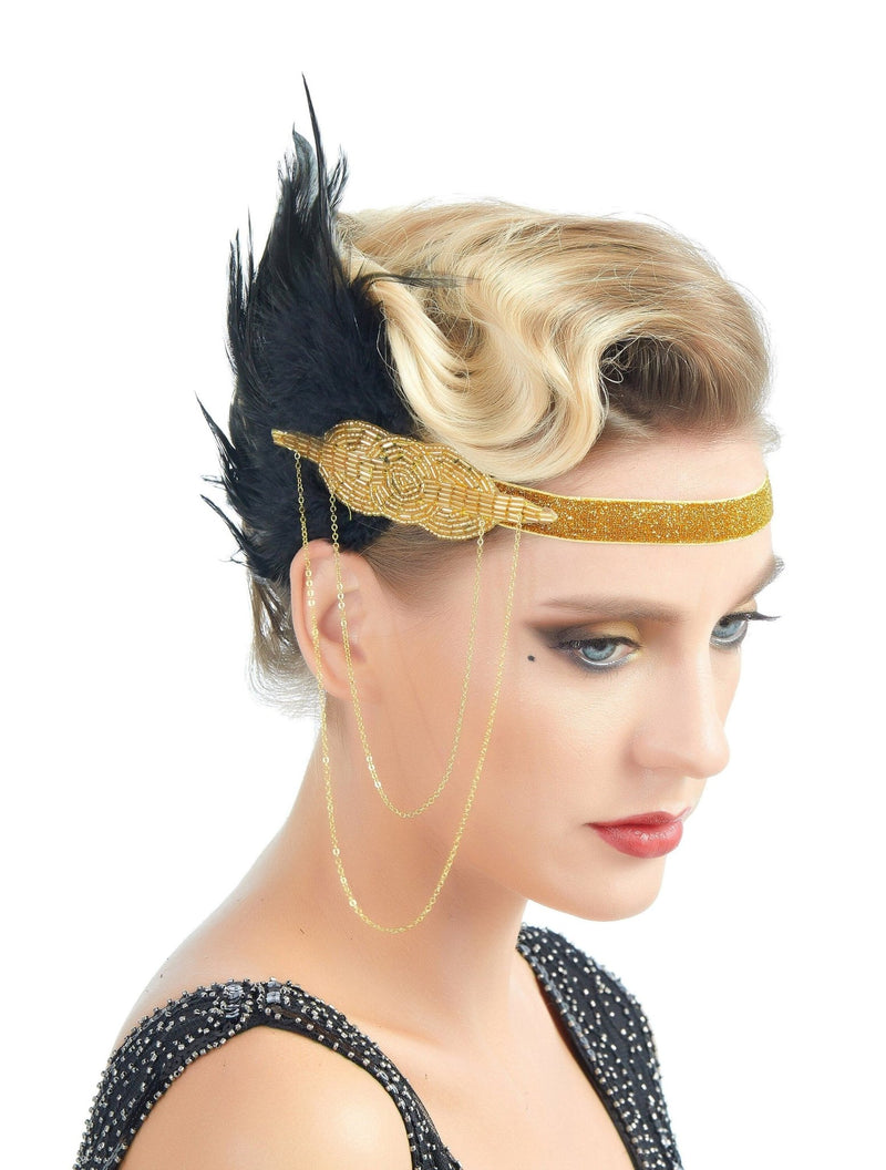 1920s Flapper Headband, Great Gatsby Headpiece, Black Feather Rhinestone Crystal Halloween Hair Accessories