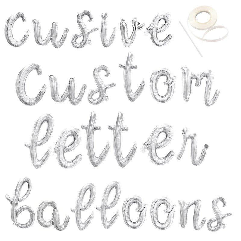 Cursive Script Custom Silver Phrase Choose Your Letter Number Alphabet Balloon Banner Baby Shower / Happy Birthday Personalization Lowercase