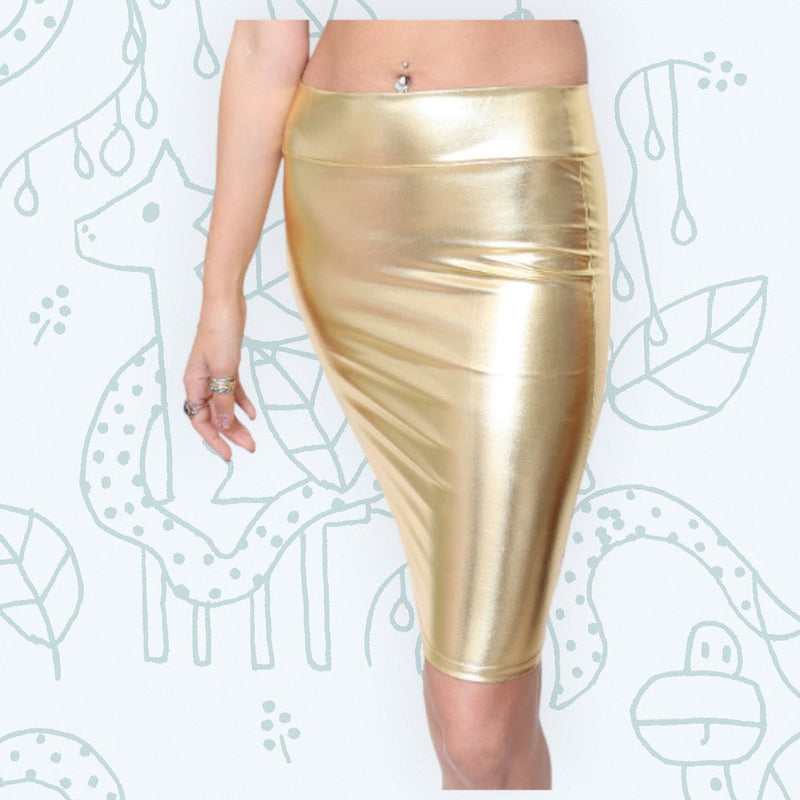 Falda lápiz elástica dorada metálica Cintura alta Aspecto mojado brillante Spandex Por encima de la rodilla Fiesta Clubwear Bodycon Cuero de PU SML Chica Mujer - SACASUSA