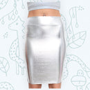 Falda lápiz elástica plateada metálica, cintura alta, aspecto mojado brillante, LICRA por encima de la rodilla, ropa de fiesta, bodycon, cuero de PU, SML, chica y mujer - SACASUSA