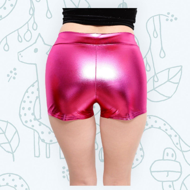 Fucsia Hot Pink Shiny Metallic Booty Stretchy Boy Hot Mini Shorts Disfraz de Halloween Cheer Gym Dance Rave Roller Derby Girls boy Women SML - SACASUSA