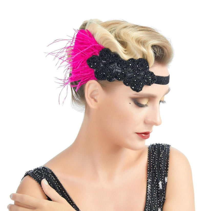 Fucsia Rosa Negro Pluma Vintage El Gran Gatsby Rhinestone con cuentas Diadema 1920s Tocado Flapper Novia Tocado de Boda Art Déco - SACASUSA