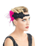 Fucsia Rosa Negro Pluma Vintage El Gran Gatsby Rhinestone con cuentas Diadema 1920s Tocado Flapper Novia Tocado de Boda Art Déco - SACASUSA