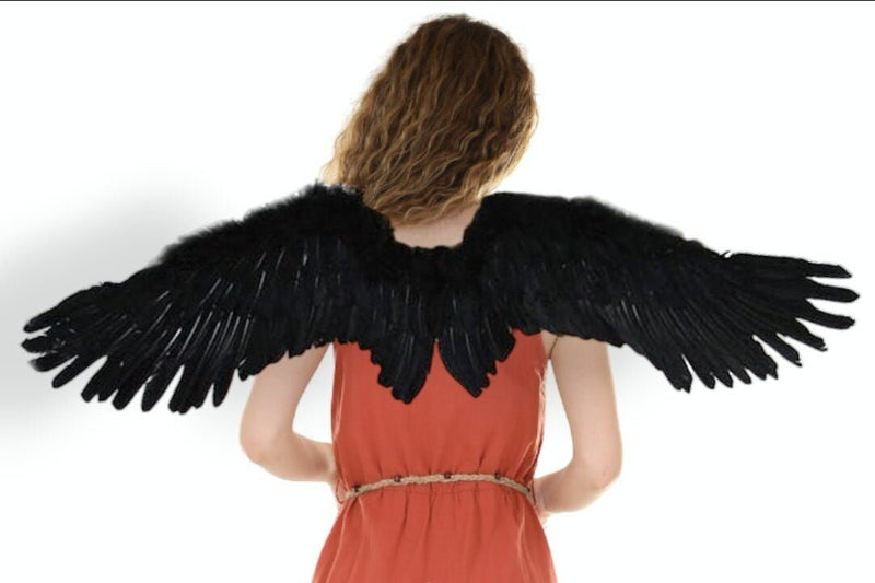 Grandes alas de ángel de plumas negras para adultos con halo gratis - SACASUSA