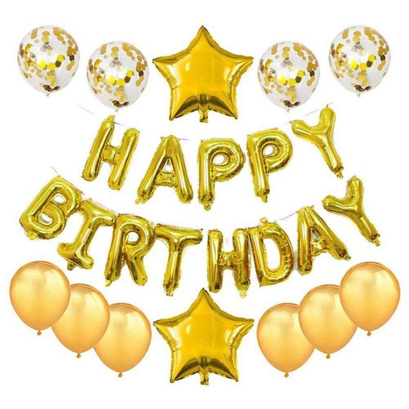Juego de decoraciones de globos de feliz cumpleaños de 16 pulgadas: 13 pancartas con letras, 2 láminas de estrellas gigantes, 4 confeti, 6 globos de látex (dorado) - SACASUSA