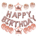 Juego de decoraciones de globos de feliz cumpleaños de oro rosa de 16 pulgadas: pancarta de letras de 13 piezas, lámina de estrella gigante de 2 piezas, confeti de 4 piezas, globos de látex de 6 piezas - SACASUSA